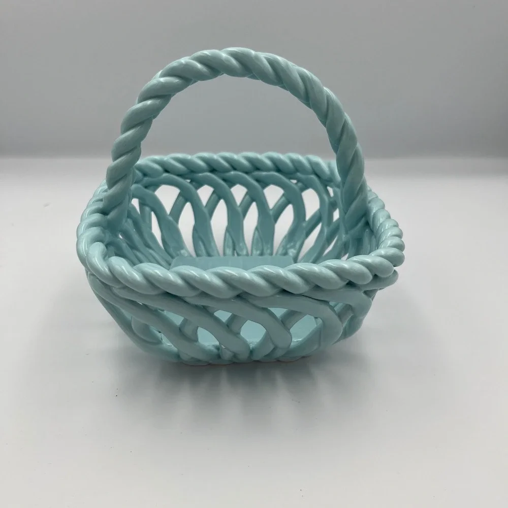 Grace Pantry Blue Ceramic Hand Woven Basket‎ Candy Dish Trinket Bowl
